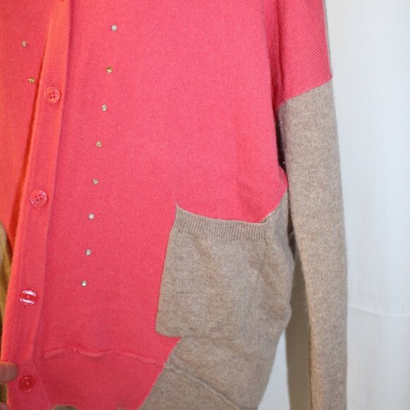 Garnet Hill Women’s Colorblock Cashmere Cardigan Size Medium Coral Pink and tan - Picture 5 of 16